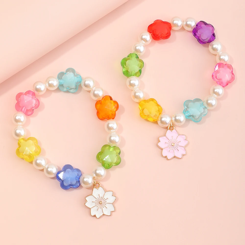 

2Pcs/set Wholesale Fashion Colourful Flower Bracelet Pearl Bangle Crystal Bead Bracelet BFF For Girls