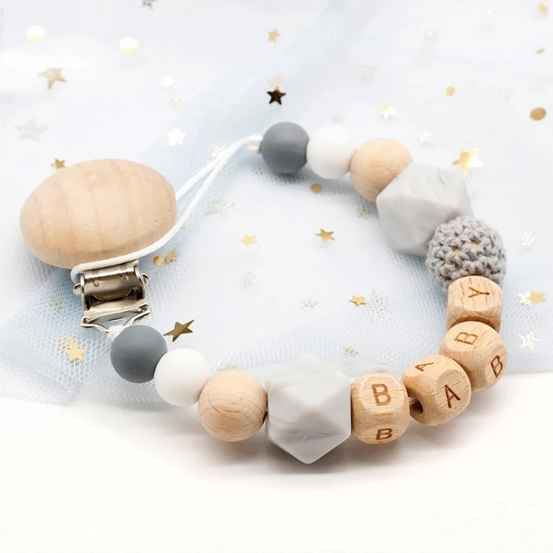 

Pacifier Chain Silicone Teething Beads Baby Leather Chain Wooden Dummy Clip Holder Case Silicon Pacifier Holder Clip