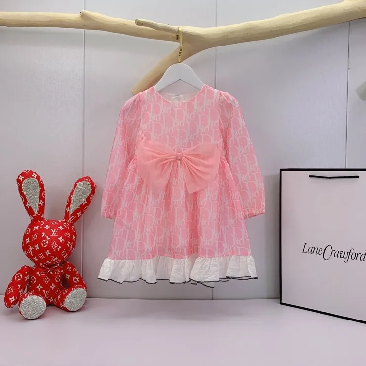 

Retail Hot selling children wear girls long sleeve O-Neck school dresses kids cotton big bow princess dress girls sweet dresses, Picture shows