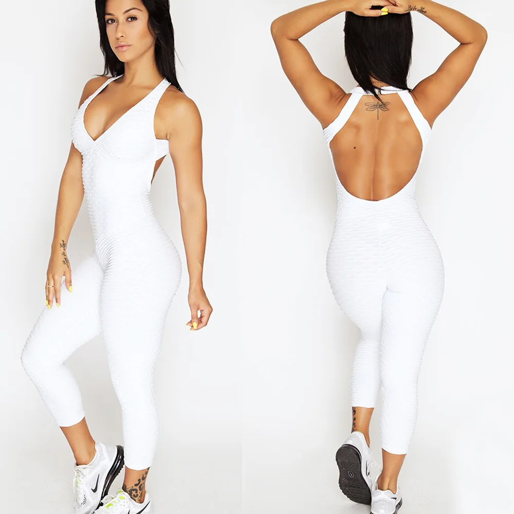 

Womens hot Sexy Hollow Out Halter Backless Bodysuit Ruched Butt Lift Jumpsuit Sleeveless Sport Cross Bandage Playsuit Leggings, Four color