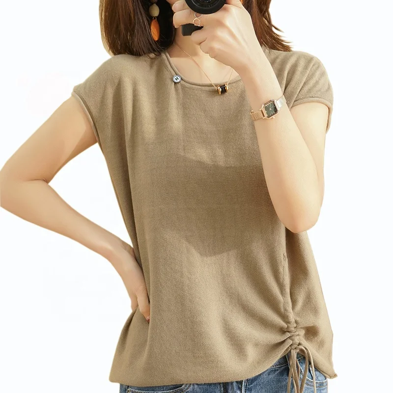 

2020 New Fashion Pure Cotton Women's T-shirts Crimping O-neck Short Sleeve Button Drawstring Knitted Tee Tops Plus Size T-shirt, 7 colors as shown