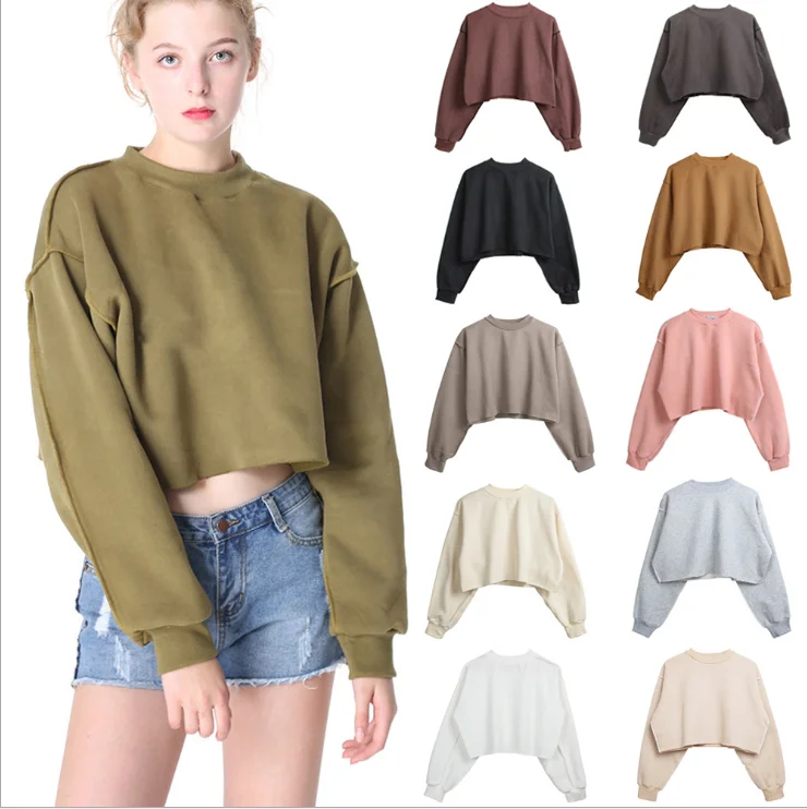 

Custom Spring Women Fashion Solid Color Loose Long Sleeve Shirt Crew Neck Crop Top