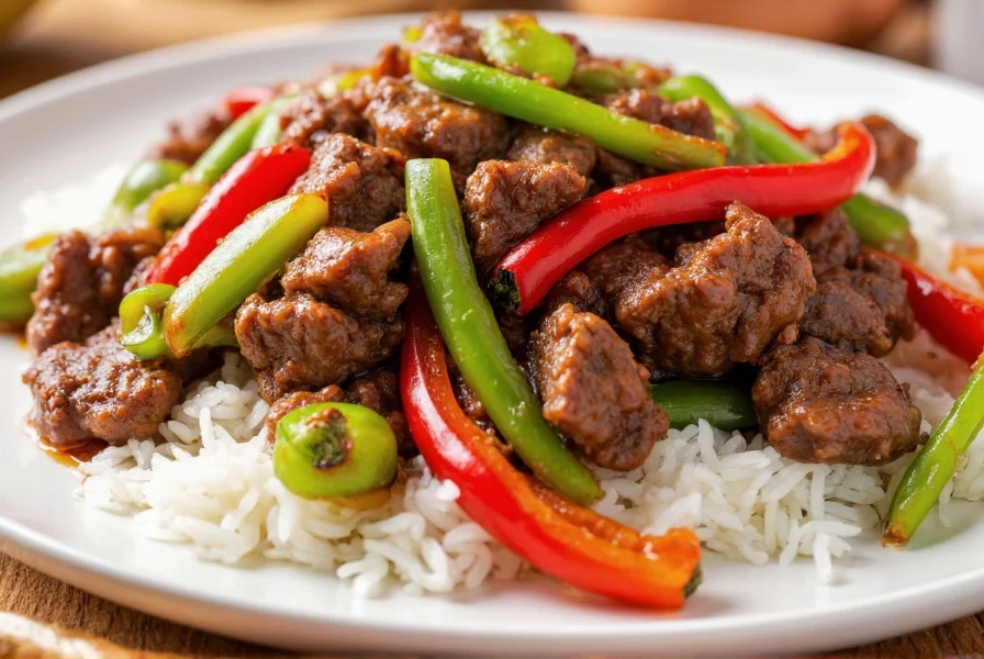Plated Chinese pepper steak with onions served over steamed rice with vibrant bell peppers and glossy sauce