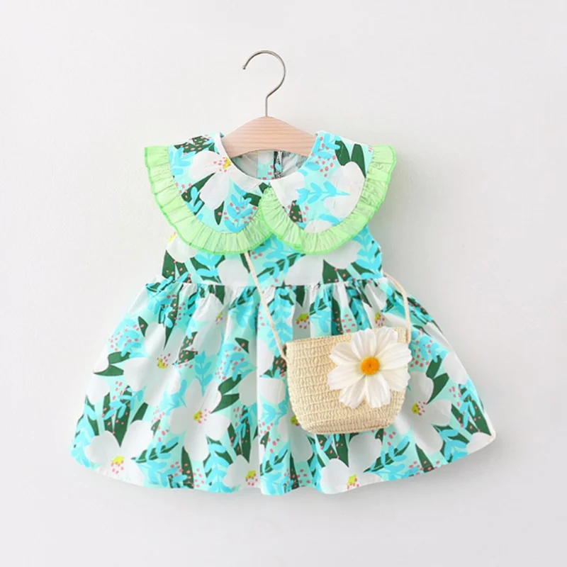 

Sleeveless Summer Baby Dress Good Price 2pcs Dress + Flower Bag Baby Girl Dress, Pink /green