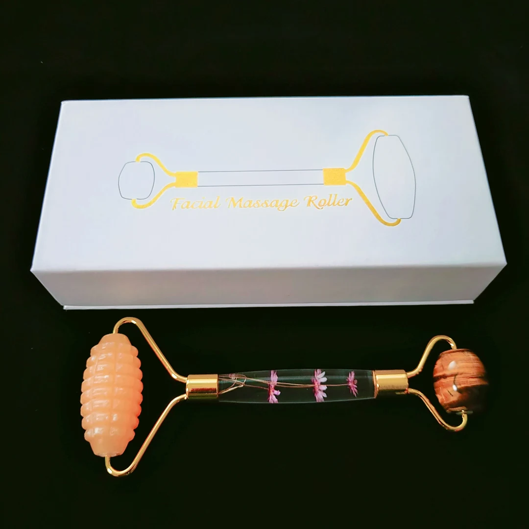

New products 100% natural spiky yellow jade flower handle roller tiger eye massage with box