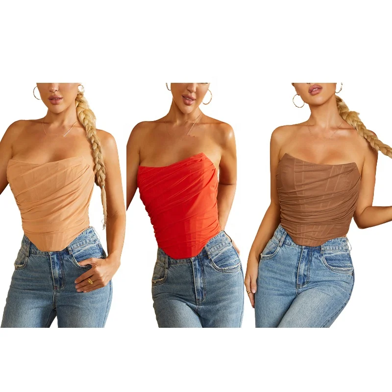 

Women's Vintage Strapless Open Back Boned Mesh Bustier Zip Back Corset Bodyshaper Crop Top Strapless Corset