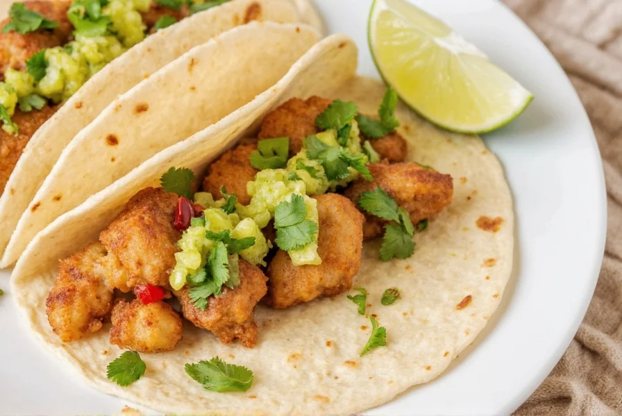 Fish tacos on a plate with lime wedges