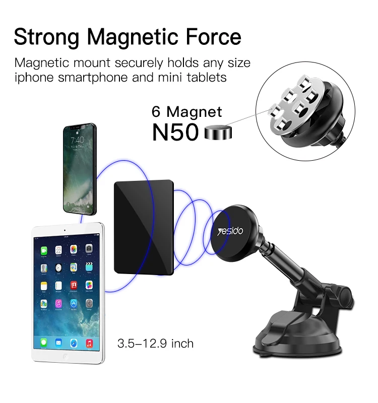 Length Adjustable Telescopic auto tablet mount Windshield 6Pcs Magnet Magnetic Mobile Phone Holder For Car