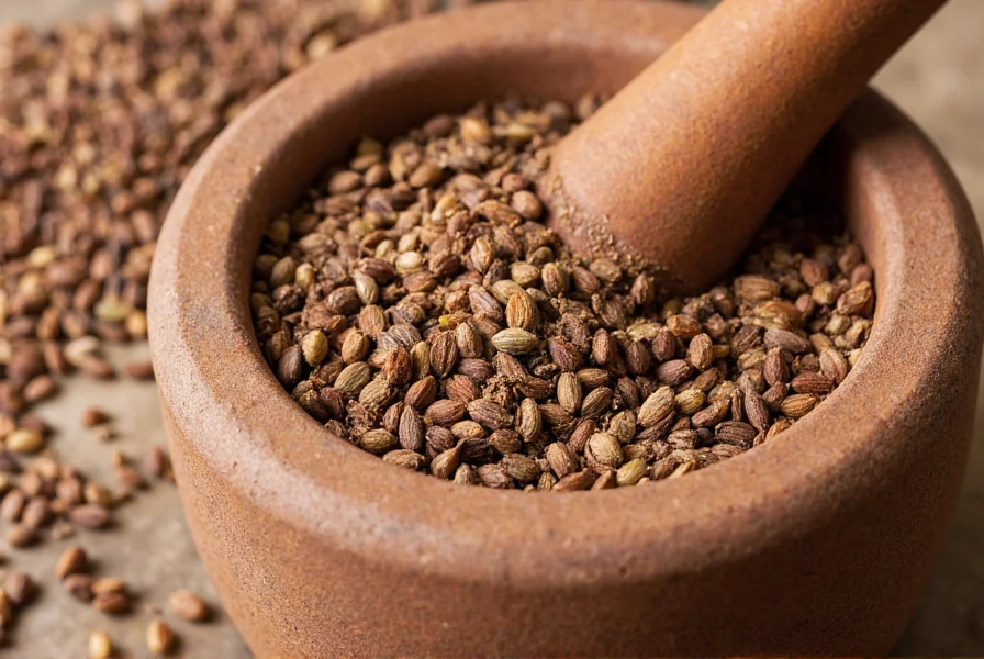 Close-up of freshly ground cumin seeds in mortar and pestle with whole seeds nearby