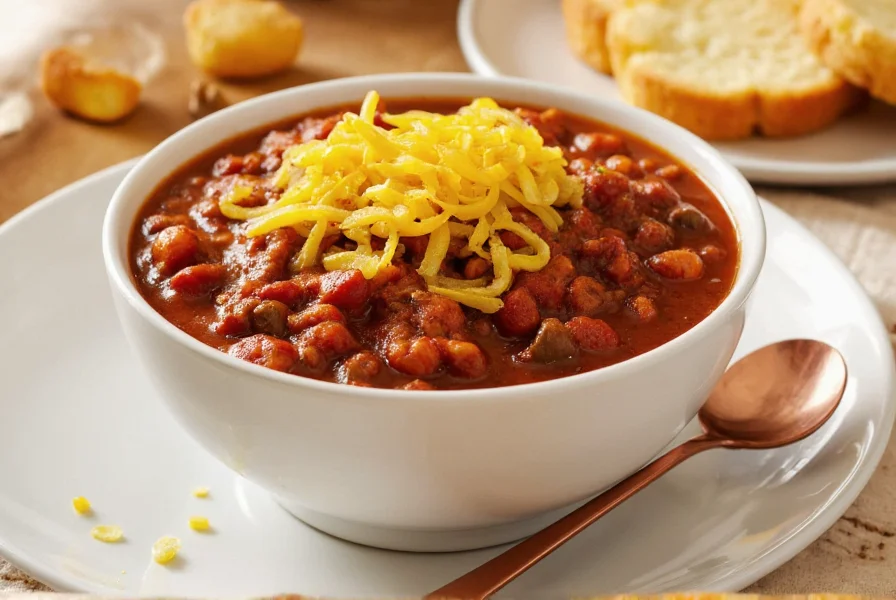 Award winning chili con carne recipe with maple syrup served in white bowl with cornbread