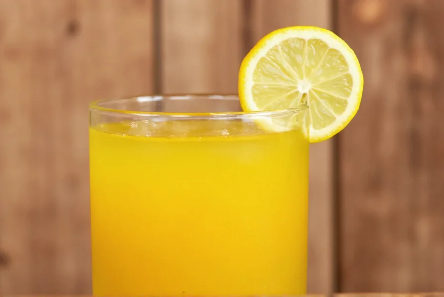 Glass of golden turmeric lemonade with lemon slice garnish against natural wood background