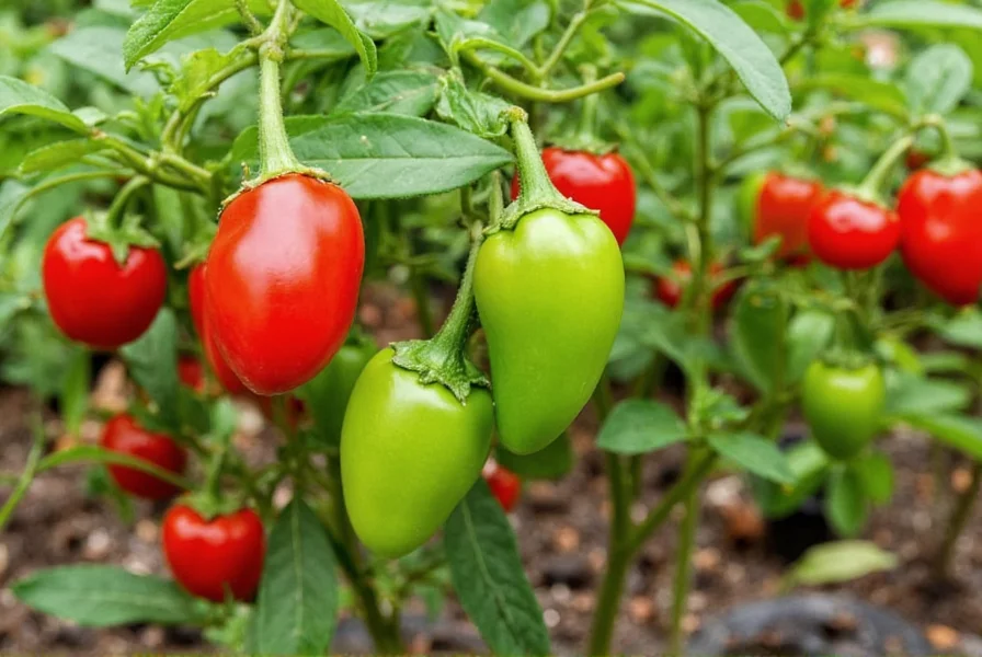 Close-up of vibrant red and green garden salsa peppers growing on compact plants in a raised garden bed