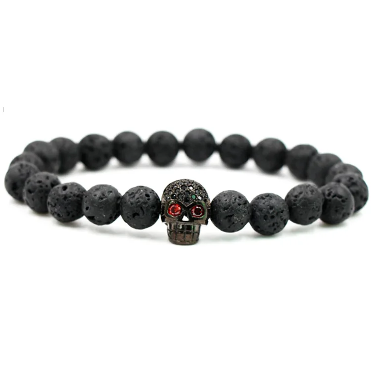 

Zirconium inlaid Skull Bracelet 8mm black lava volcanic stone Buddha bead bracelet wholesale