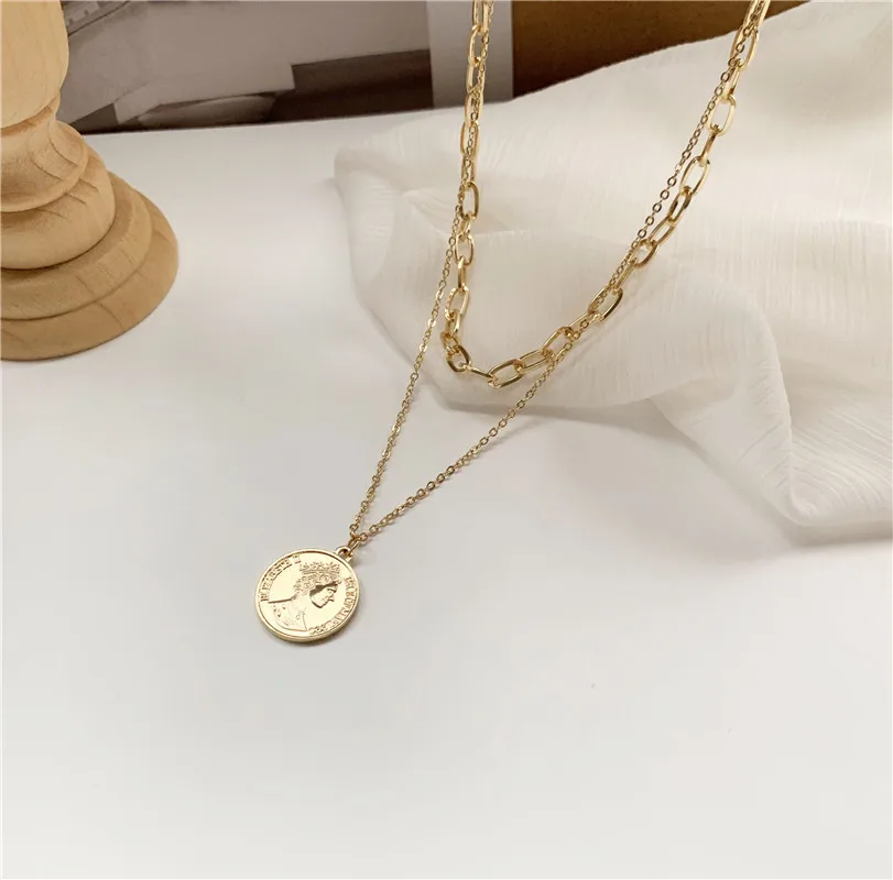 

JUHU European and American retro portrait hip-hop gold multi-layered coin necklace personality short necklace punk jewelry 2020