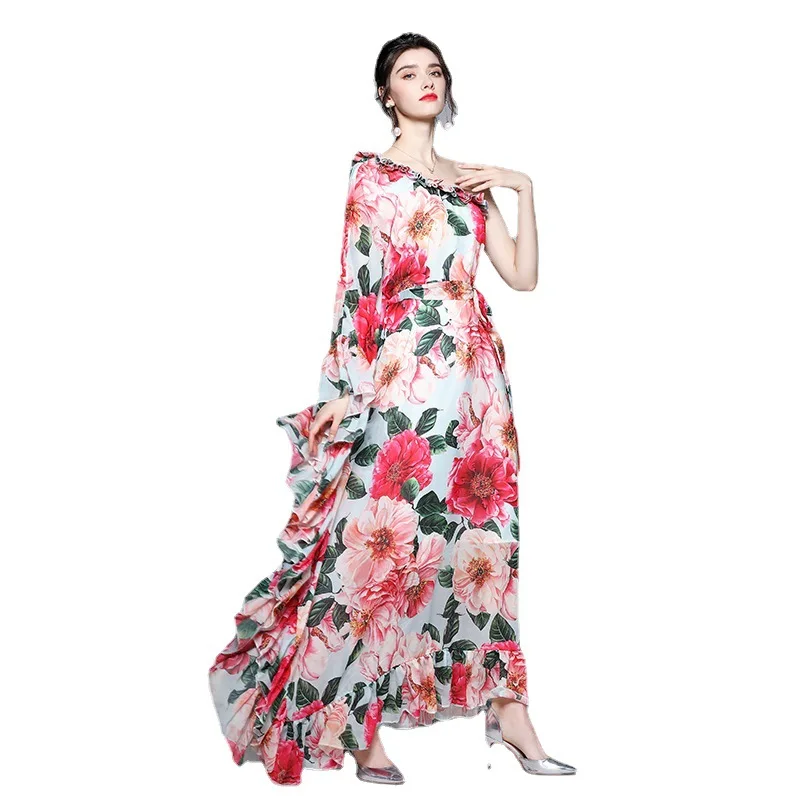 

Summer Holiday Party Boho Maxi Dress Women's Off shoulder Chiffon Floral Print Ruffles Loose oversized Elegant ruched Long Dress