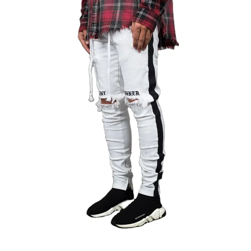 

White Trousers Slim Fit Mens Hip Hop Jeans High street Distressed Ripped Boys Biker Embroidered Men Jeans