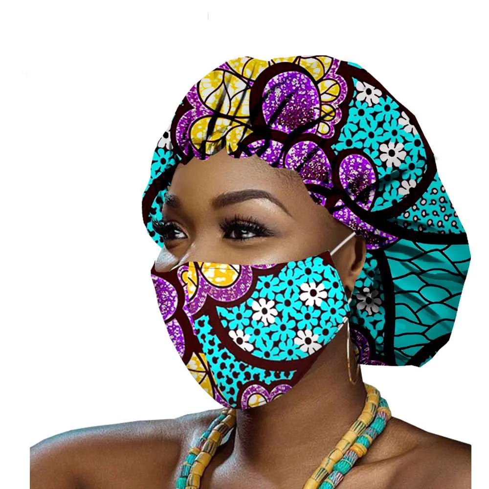 非洲kitenge棉女士非洲面料帽子与ma sks和耳环装饰非洲印花帽子帽