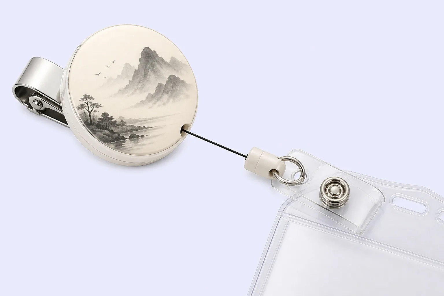 Badge reel with retractable cord, clip and clear ID card holder