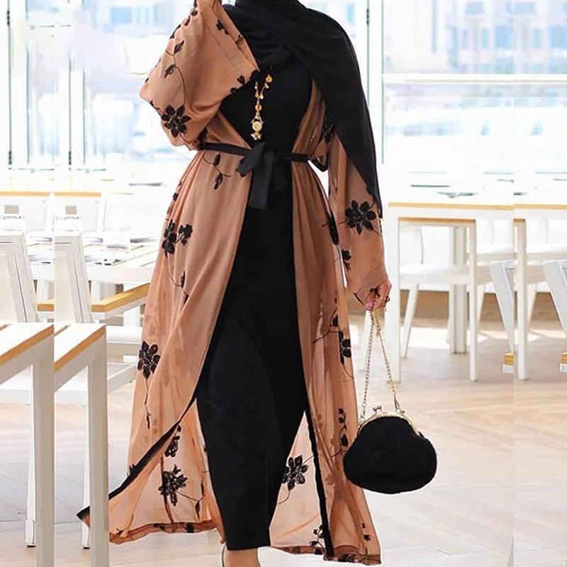 

LSM062 Flower Muslim Dresses Islamic Women Clothing Jilbab Front Open Abaya Dress