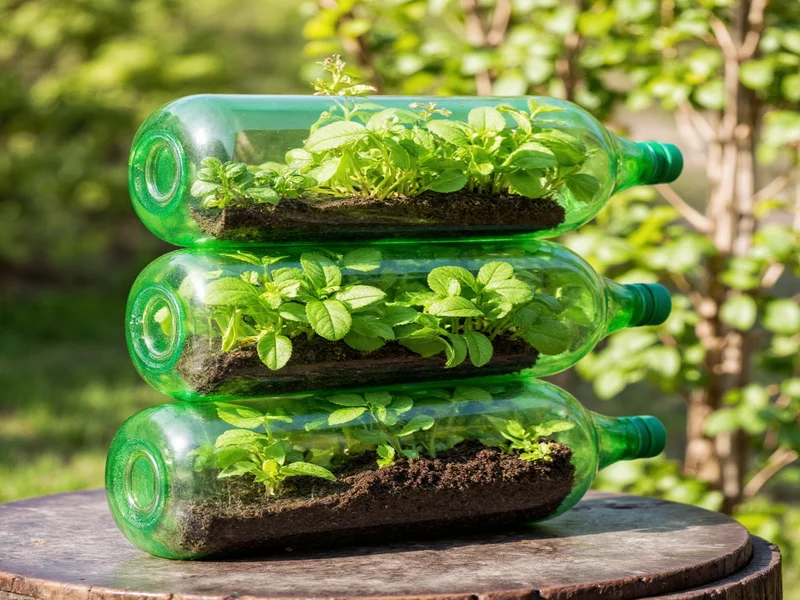 Three-tiered herb garden made from cut plastic bottles