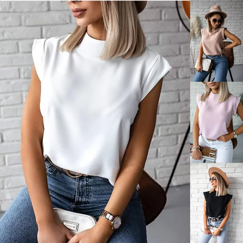 

Women's Top Summer Simple Stand-up Collar Solid Color Ladies Shirt, Picture color