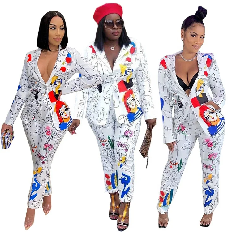 

AI233-6042 2020 winter women clothing suit print clothes woman casual dress long sleeve two piece set fashionable pant set