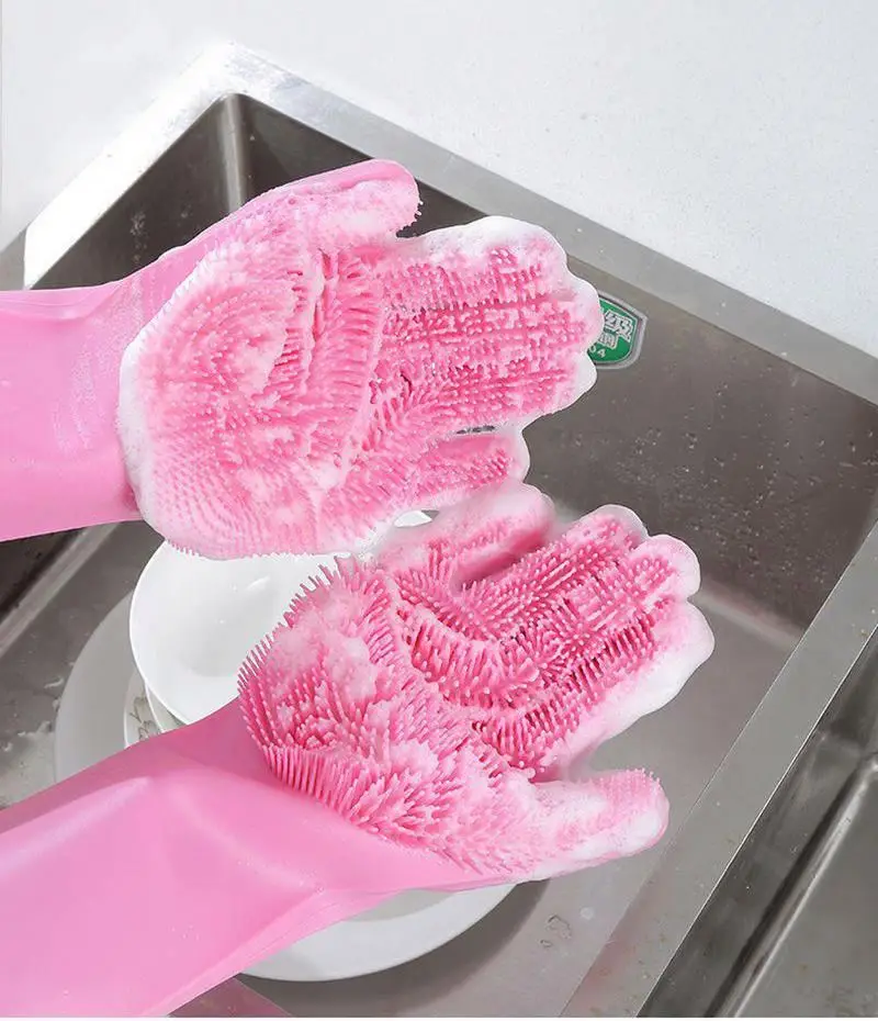 

thin waterproof heat resistant kitchen reusable cleaning brush silicone dishwashing gloves