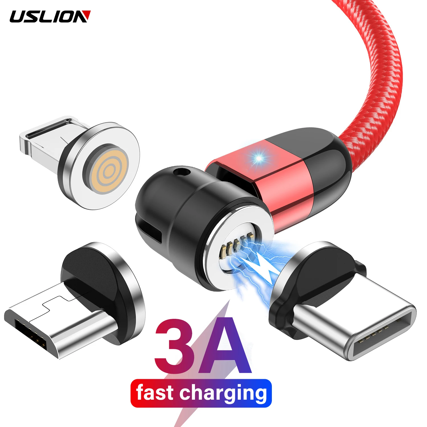 

USLION 3in1 2M OEM 3A 540 Rotate USB Magnetic Cable Quick charging & Data Cable Micro USB Type C for Samsung S22 21 Ultra, Black, red, silver,purple