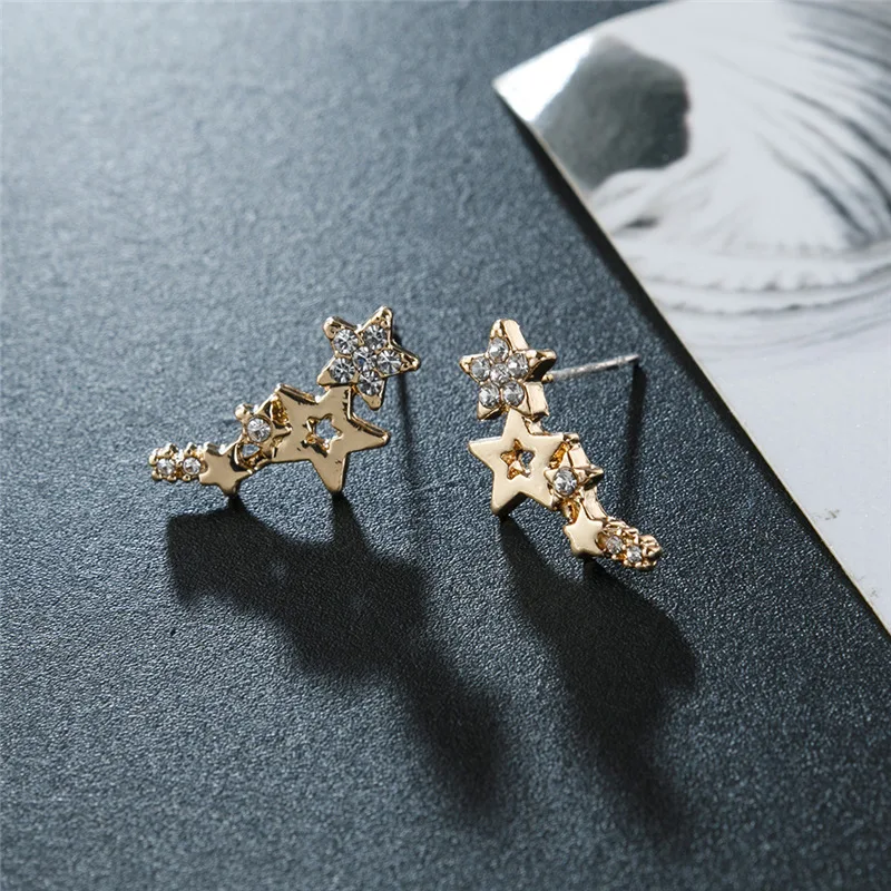 Simple Fashion Shiny Crystal Diamond Gold Start Stud Earrings for Women Jewelry Factory Wholesale
