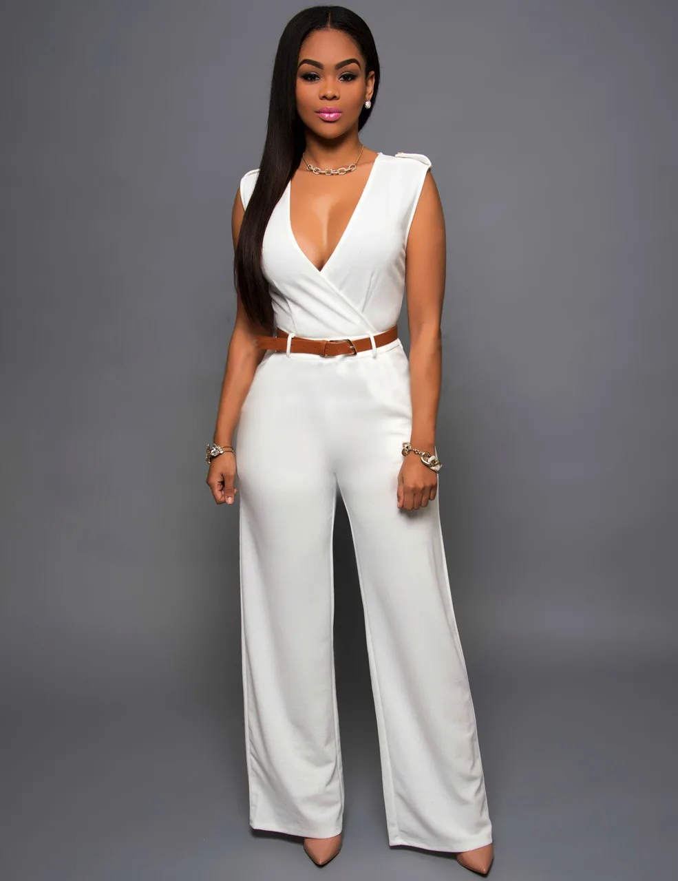 

European hot sale high waist v neck wide leg pants casual women suits