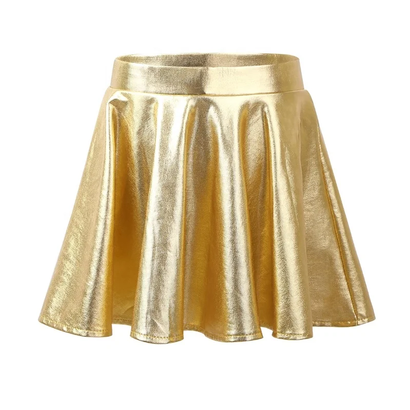 

Kids Girls Glossy Metallic Flared Pleated A-line Young Girls Mini Skater Dance Skirt