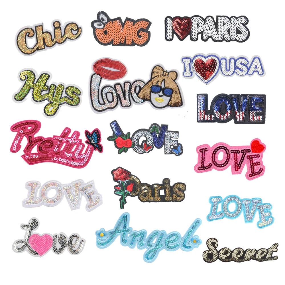 wholesale price love text word design iron on embroidered custom logo sequin patches for clothing clothes