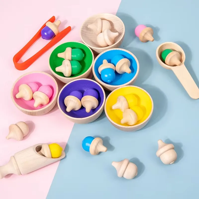 Custom Children's Wooden Rainbow Color Counting Sorting Cup Montessori Educational Bead Clip Toys for Kids