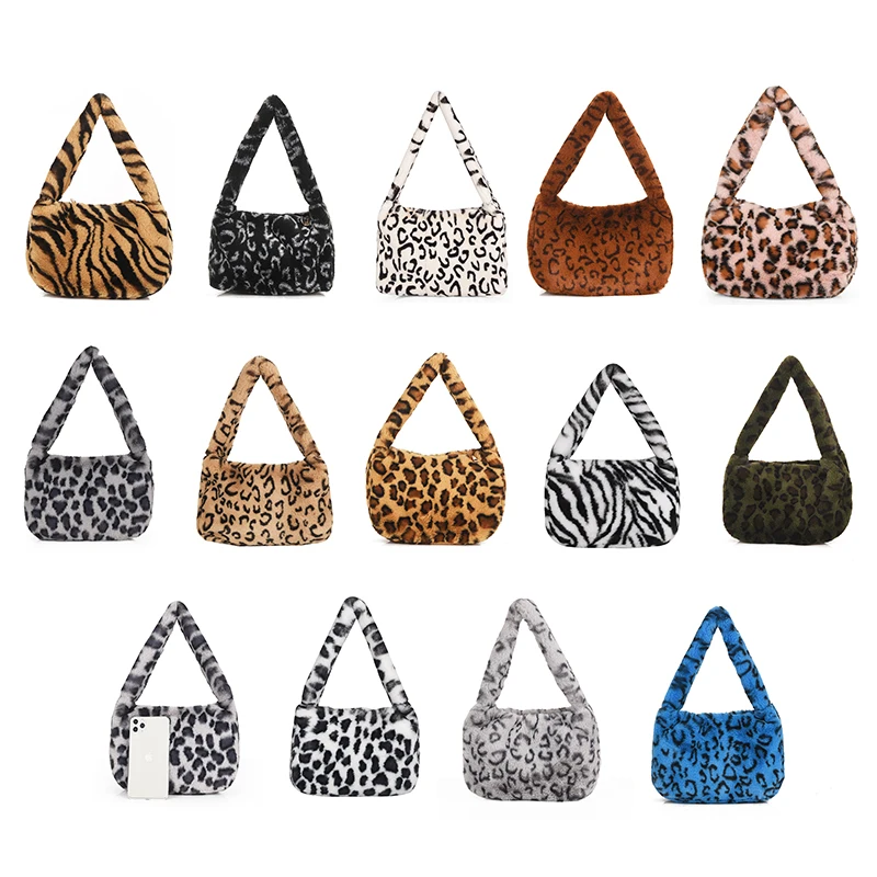 

Leopard Plush Handbag Winter Soft Outdoor Furry Underarm Bag Women