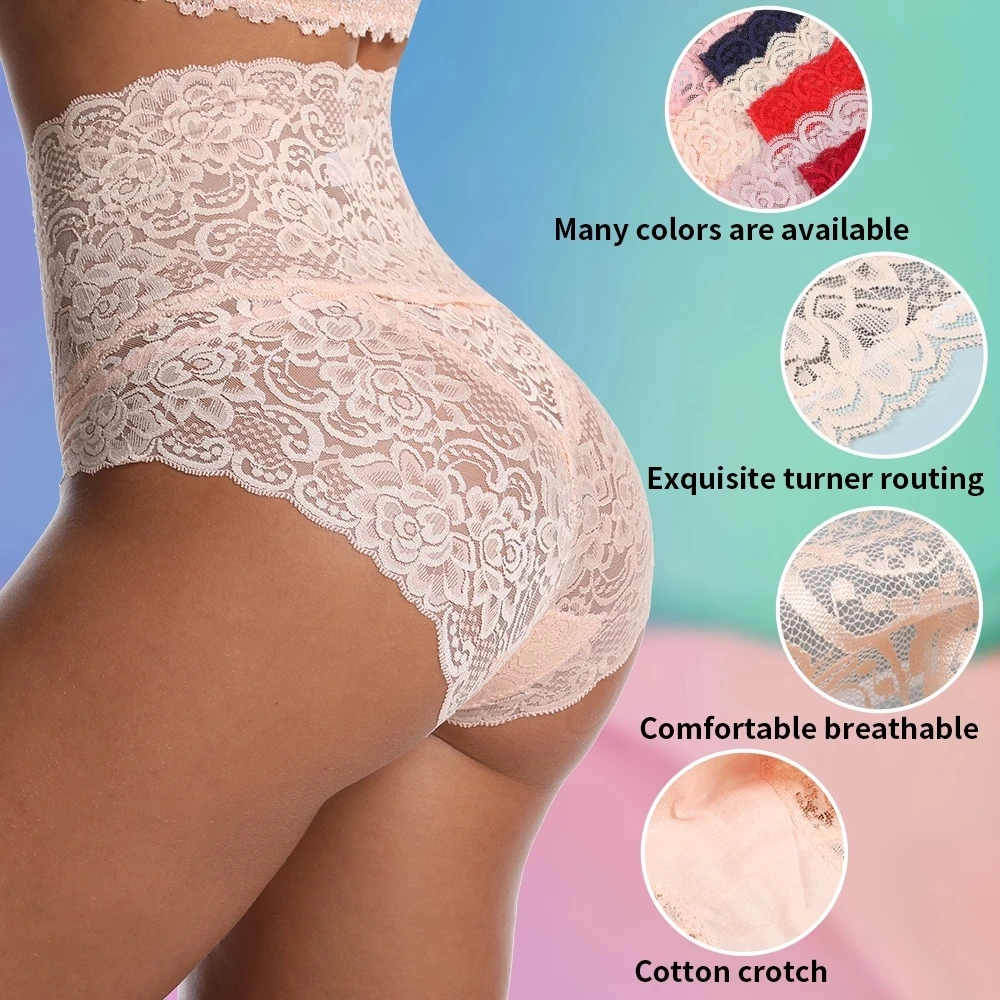 

2021 New ladies high-waisted sexy lace underwear Large size fat buttock lift abdominal traceless cotton crotch briefs, 10 colors