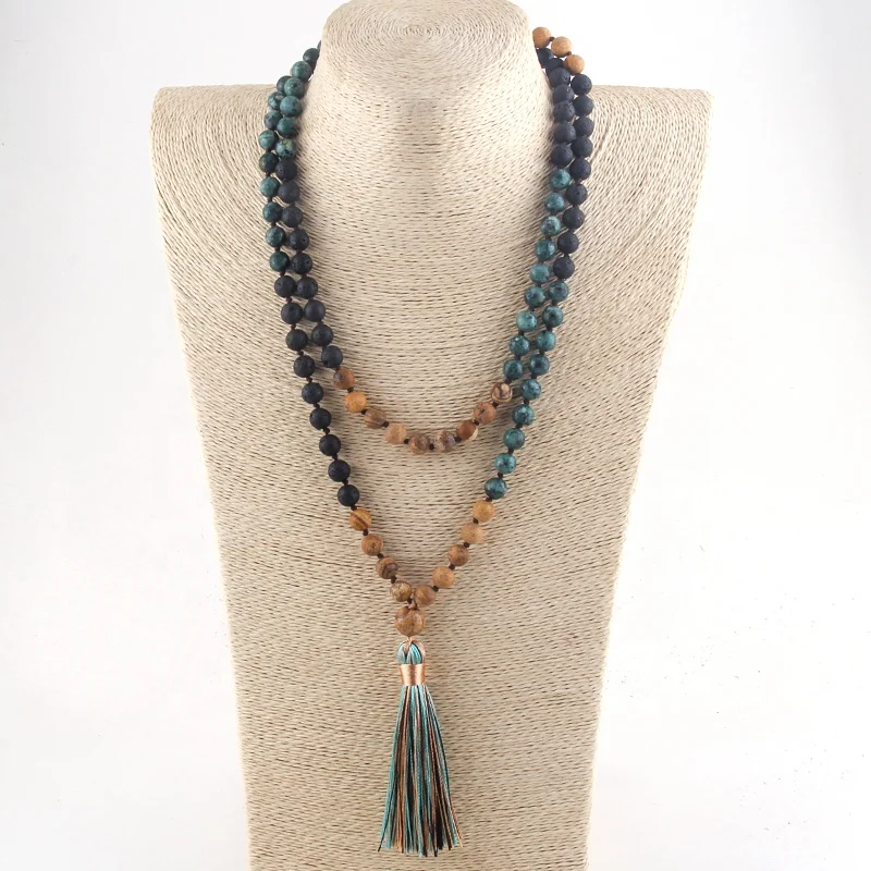 

Bohemian Jewelry 8MM Natural Stone Long Multicolor Tassel Necklace African Turquoise 108 beads Mala Yoga Necklace, Amazonite,turquoise,beige,brown,grey