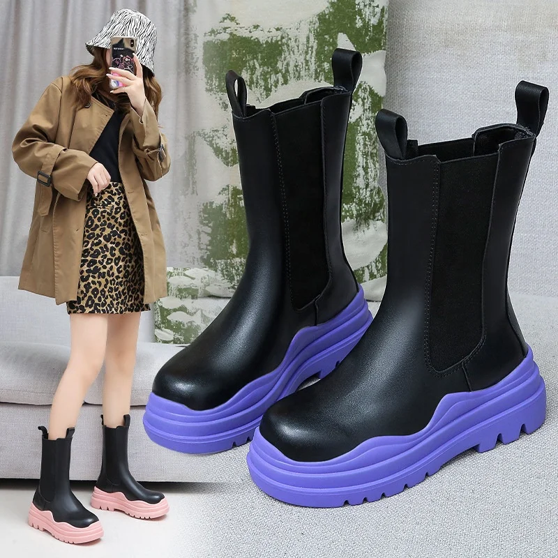 

Fashion Fall Solid Thick Soled Waterproof Leather Mid Calf Winter Leather Chunky Platform Women's Chelsea Boots for women, Black pink green
