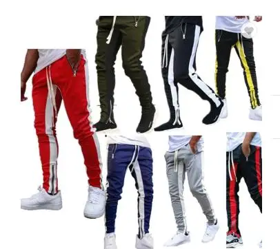 

2021 New Fashion Striped Casual zipper Fitness Trousers Sport Track Cargo Men Sweatpants Joggers Pants, 7 colors