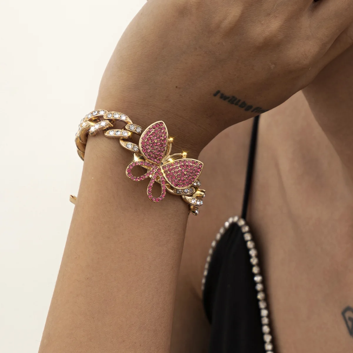 

Hip Hops Cuban Chain Miami Chain Butterfly Bracelet Micro Inlaid CZ Zircon Butterfly Cuban Link Chunky Bracelet Jewelry, Rose gold/gold