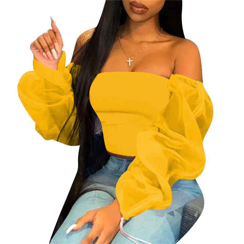 

New Fashion Sexy Mesh Perspective Women Off Shoulder Shirt Tops Clothing Casual High Quality Summer Blouse Bustier Crop Top, Shown