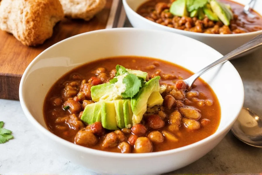 Finished bowl of easy chicken chili recipe served with avocado slices and cilantro garnish