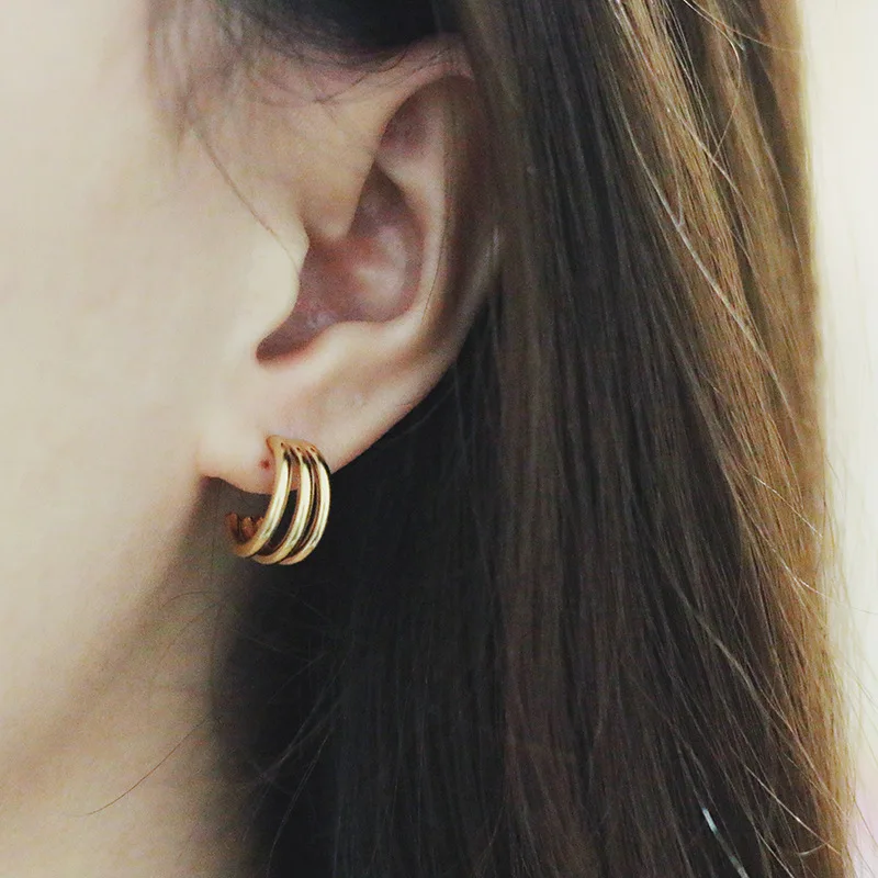 

Three-line Curved Small 1.42cm Half Circle Stud Earrings Jewelry, Gold/steel