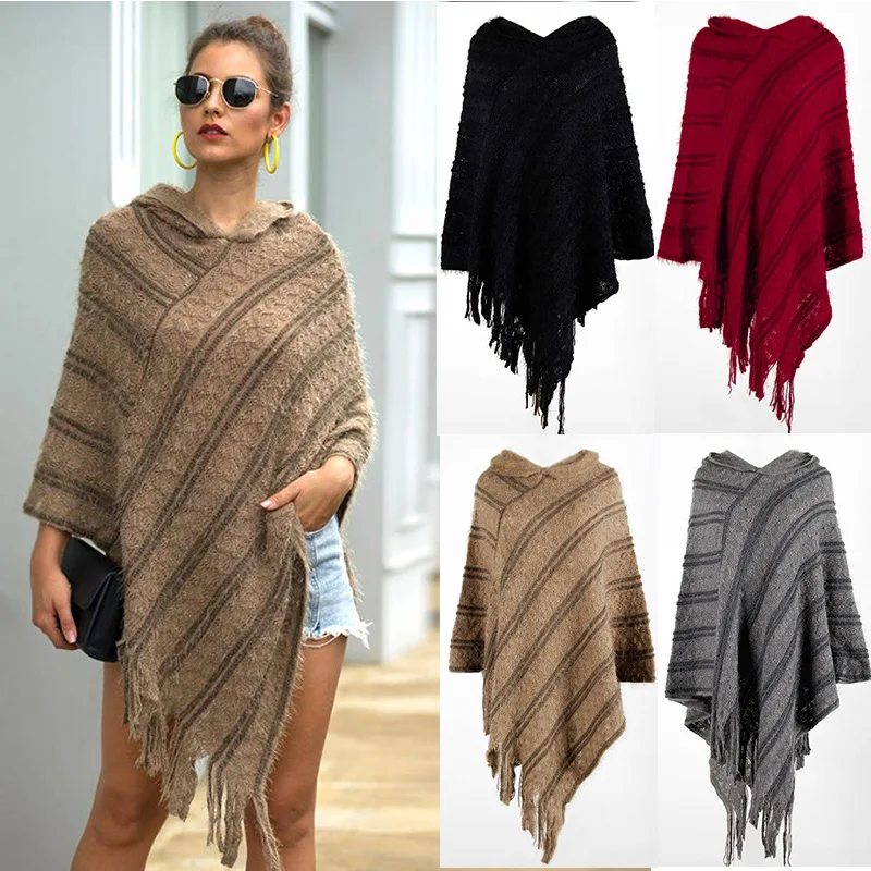 

Autumn V-neck Fringe Wrap Cape Diagonal Stripe Knit Cloak Hooded Shawl Tassel Poncho Fashion Women Ladies Sweater Cloak Tops, Customized color