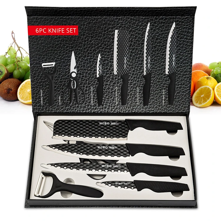 

Designer 6pcs gift scissors peeler chopper slicer paring embossed knives steel kitchen chef knife set with color box