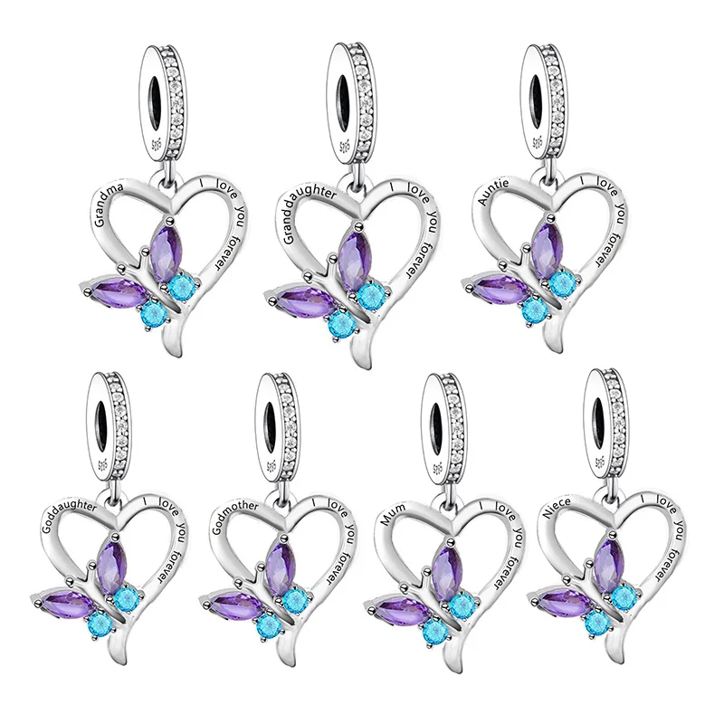 Fit Original Pan Charms Bracelet 925 Sterling Silver Heart Butterfly Family Name Bead for Women Jewelry Making
