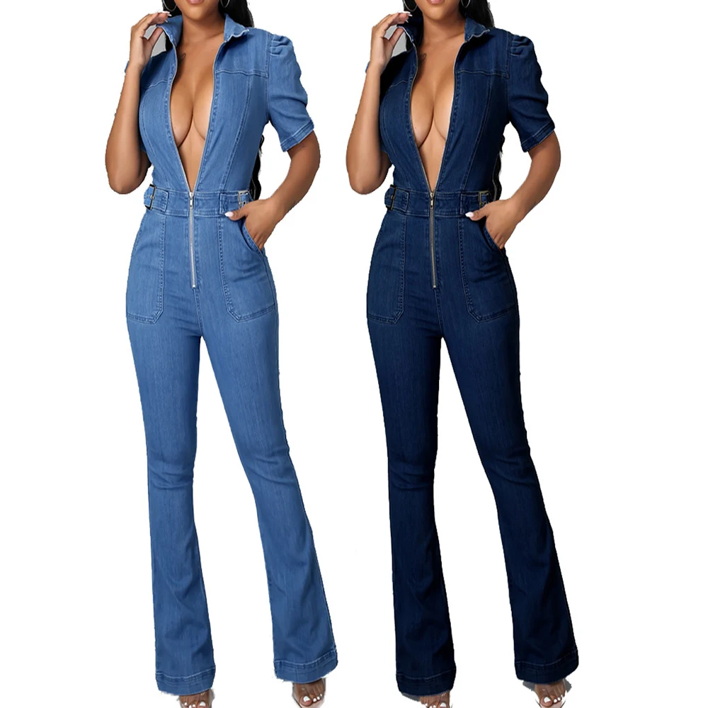 

Fashion Ladies Slim Zipper Jumpsuit Casual Denim Jumpsuit One Piece Women Jumpsuits, Blue,dark blue
