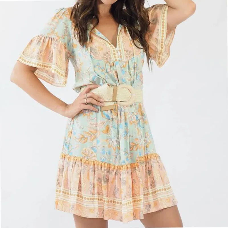 

Holiday Lotus Wind Positioning Printed Bohemian Style Ruffle Waist Slim V-neck casual Dress