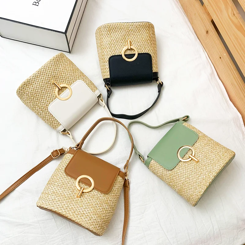 

2022 High Quality Summer Beach Buckets Straw Woven Bag Women Shoulder Handbags Bali Rattan Bag, Black, white, brown, green
