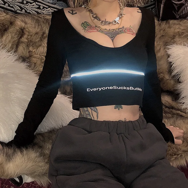 

Letter printed reflective line t shirt women long sleeve skinny cropped tops 2020 autumn fashion clothing streetwear tees, Black,white