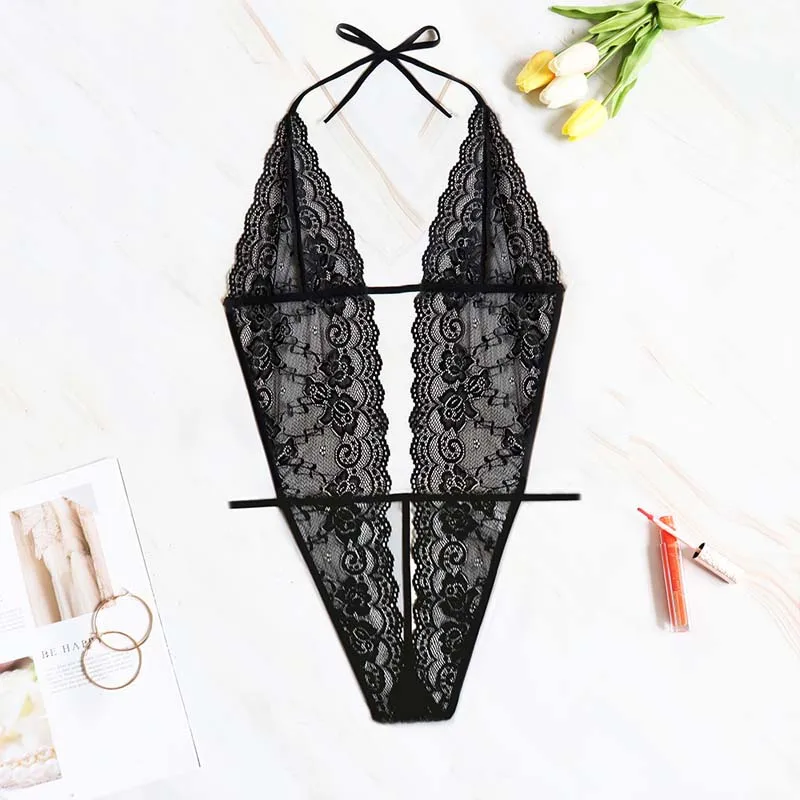 

Sexy Black Fat Women Erotic Lingerie Lace See Through Halter Bodysuit Plus Size Jumpsuits